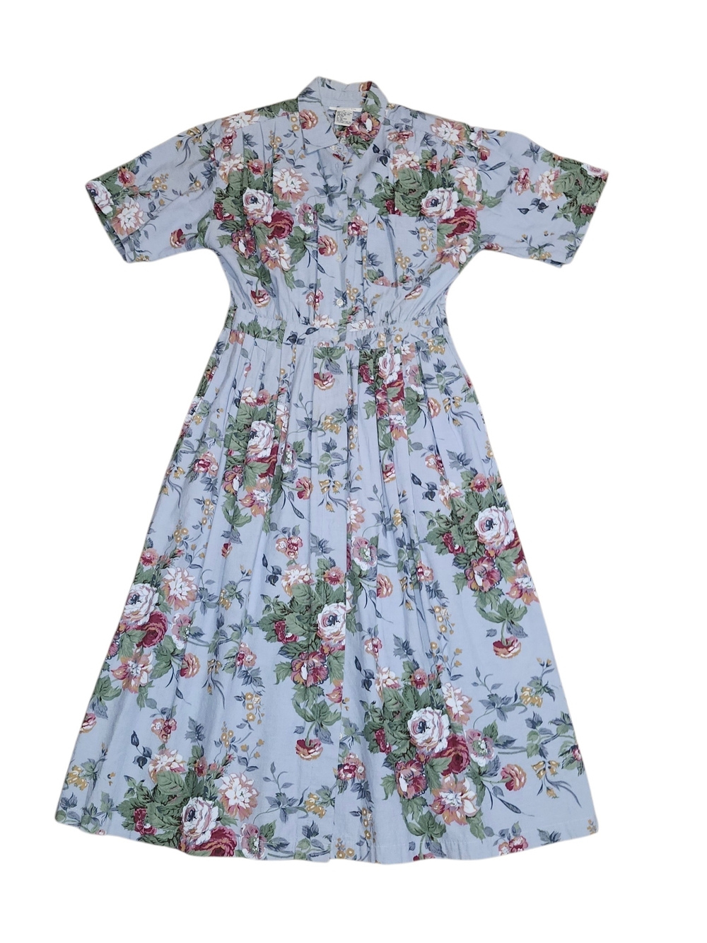 Vintage Light Blue Floral Button-Front Midi Dress